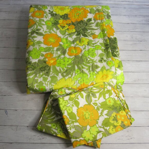 Regency Vintage MCM Full Size Quilted Bedspread Pillow Sham Set Retro Mod Floral - Picture 3 of 6